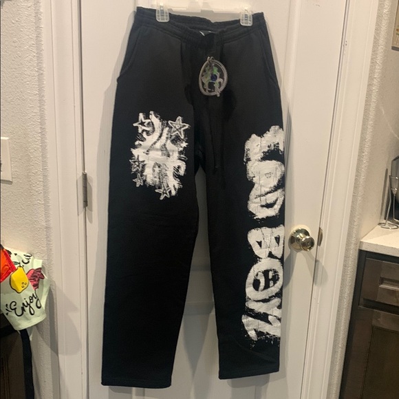 Black heavy Sweatpants with White Graphic Design SAD BOYZ  drawstring - Picture 1 of 6